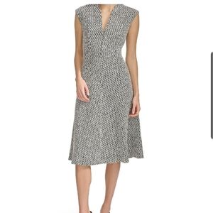 NWT Andrew Marc black and white printed midi dress, fitted and flared cut